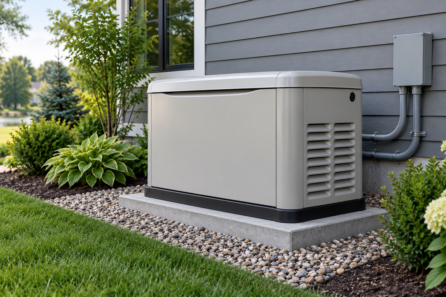 Illustrative standby generator beside a house